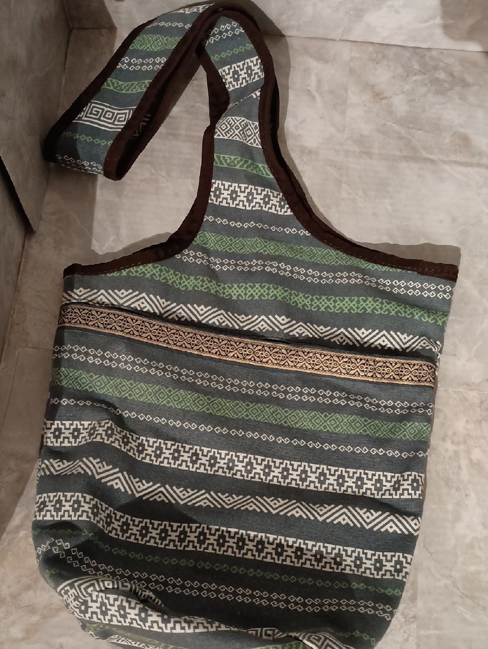 Patterned Crossbody Tote Bag in Green, Gray & Brown